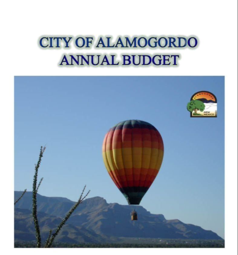 Budget Cover for the City of Alamogordo depicting a balloon flying over the desert.