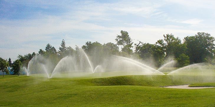 Golf course watered by irrigation