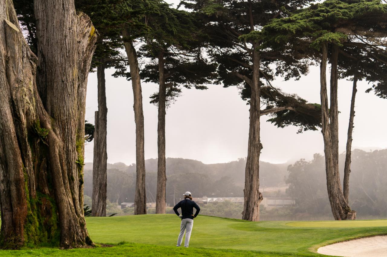 Man standing in a golf course looking at some nearby tall trees